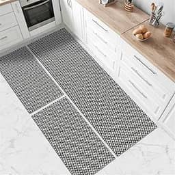 Kit Tapete de Cozinha Antiderrapante, Zig Zag, 3 Peças, Passadeira 150x45cm e 2 Tapetes 65x45cm, (Preto)