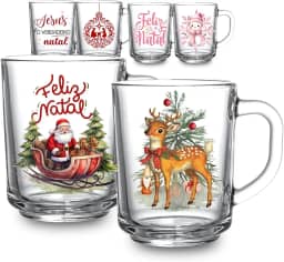 Kit 2 Canecas Especial Natal 225ml Vidro Decorativa Jesus Rosa Vintage Fim De Ano Papai Noel Presente (Vintage)