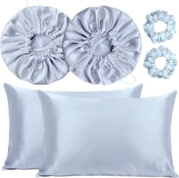 Kit 2 Fronha De Cetim Seda + 2 Toucas + 2 Xuxinhas (Prata)