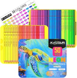 KALOUR PDAS 50 lápis de cor neon para livros de colorir adultos, conjunto de lápis de desenho profissional de cor fluorescente, kit de materiais de arte para artistas iniciantes e adultos, núcleo