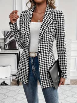 Blazers femininos Houndstooth de manga comprida com botões na frente aberta, casual, negócios, trabalho, escritório