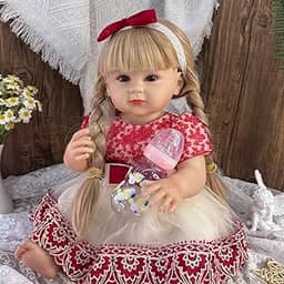 Bebê Reborn Boneca Menina - Corpo de Silicone, 55cm, Peruca Loiro (Set), Saia de Gaze Princesa Vermelha, olhos castanhos