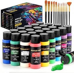 Conjunto de tinta acrílica, 24 cores (56,7 g/frasco) com 12 pincéis de arte, materiais de arte para pintura de tela, madeira, cerâmica e tecido, pigmentos ricos de qualidade duradoura para iniciantes