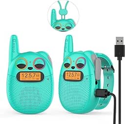 QNIGLO Q136 Kitten Infantil Walkie Talkie com rádio FM, FRS 2Km Alcance piscando LED Eyes Pulseira de relógio portátil, Camping Running, Melhor presente e brinquedo para crianças (Tiffanyblue)