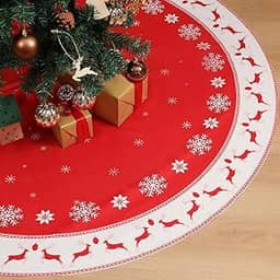 Multiwins Saia para árvore de Natal 122 cm, saia grande para árvore de Natal vermelha com rena de floco de neve, tecido de flanela espessa, as melhores decorações de Natal para o inverno e ano novo