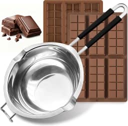 Panela de banho-maria dupla de 1200 ml/1,1 QT com 2 pacotes de moldes de barra de chocolate de silicone, panela de derretimento de chocolate de aço inoxidável com moldes de chocolate antiaderentes