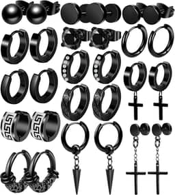 Conjunto de 15 pares de brincos masculinos pretos de aço inoxidável de cruz para homens e mulheres, hipoalergênicos, brincos de pendurar, argolas, tarraxas, Aço inoxidável, Sem pedra preciosa