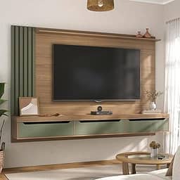 Painel para TV até 75 polegadas detalhe ripado com 3 gavetas PRESENCE cor carvalho/menta - Artely