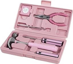 Ferramentas de mão doméstica, conjunto de ferramentas rosa – conjunto de 9 peças, martelo, conjunto de chaves de fenda, alicate, rosa (kit de ferramentas para casa, escritório ou carro)