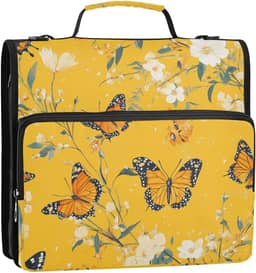 Fichário com zíper escolar com 3 anéis de borboleta amarela estética com alça e alça de ombro removível, capacidade para fichário para estudantes do ensino médio, clipe de cremallera escolar