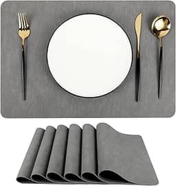 DEERYARD Jogo americano cinza reversível de couro sintético, conjunto com 6 - tapetes de mesa resistentes ao calor, à prova d'água, antiderrapantes, laváveis e laváveis para decoração de jantar