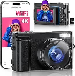 Câmera digital 4K para fotografia, WiFi 64MP 180° tela flip 7.6 cm câmera vlogging autofoco para YouTube, zoom 16X Compact Point e Shoot Câmeras para iniciantes com cartão de 32 GB, 2 baterias