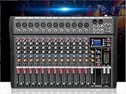 VEDO Mesa de som 12 canal, Small Stage Bluetooth USB MP3, entrada 48V Phantom Power DJ Audio Network Karaoke Mobile Live High Power Mixer Professional 12 Channel Studio Audio Mixer 110V/220V 12 canais