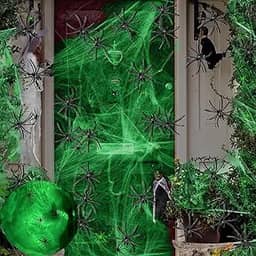 ATB-Foger Decoração de teia de aranha de Halloween de 200 metros quadrados que brilha no escuro teia de aranha decorações de festa de Halloween com 30 aranhas falsas para decorações de Halloween