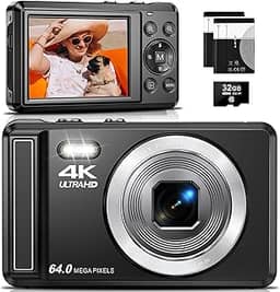 Câmera Digital 4K 64MP com Foco Automático,Fotográfica para Vlog, Zoom, Tela 2.8 Polegadas，fotografia, Cartão SD de 32GB, 2 Baterias, Câmera Compacta，para Adolescentes e Iniciantes, Flash