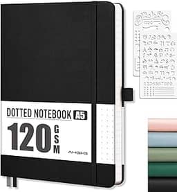 AHGXG Caderno pontilhado - Caderno de grade de pontos, papel grosso sem ácido de 120 g/m2, caderno pontilhado A5, 160 páginas, capa dura de couro, bolso interno, estêncil de diário, 14 cm × 21 cm -