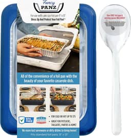 Fancy Panz Forma de bolo de folha de 24 x 33 cm, vista e proteja sua forma de alumínio feita nos EUA, assadeira e colher de servir incluídas. Comida quente ou fria. Empilhável para facilitar a viagem. (azul jeans)