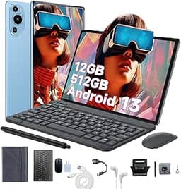 3 em 1 Tablet, com Capa/Teclado/Mouse, 10.1 Polegada, 1920x1200 Tela Processador Octa-Core, 12GB RAM+512GB ROM, Câmera de 16MP + 32MP, Android 13, 8000mAh, Versão WiFi (Cinza) (Azul)