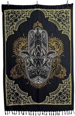 Canga Praia Hamsa, Mandala Dourada com Franjas, Estampa Mão de Fátima