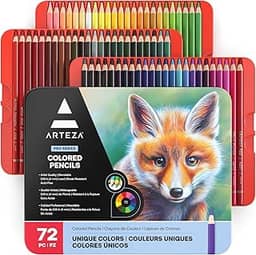 Arteza Lápis de cor, 72 lápis de desenho profissional, núcleos macios à base de cera, materiais de arte para esboçar, sombrear, lápis de cor vibrantes para iniciantes e profissionais em caixa de lata