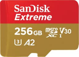 SanDisk Cartão UHS I Extreme microSD de 256 GB para vídeo 4K em smartphones, câmeras de ação e drones 190 MB/s de leitura, gravação de 130 MB/s SDSQXAV 256G GN6MN, vermelho/dourado