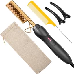 Pentes alisadores de cabelo com pente quente prensado a calor - pente elétrico de cerâmica para alisamento de cabelo, modelador de cachos para cabelo preto natural, perucas de barba, - 3 em 1