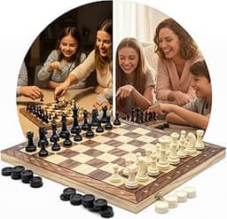 Jogo Xadrez 3 em 1 Magnético com Damas Gamão Tabuleiro Dobrável 29x29 cm Estilo Estojo Clássico Profissional Luxo Peças Resina de Alto Impacto Recreação Estratégia Tamanho Portátil