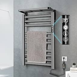Toalheiro Termico, Secador de Toalhas Eletrico, Aquecedor de Toalha para Banheiro, Grande Quadrado Inox com Timer Embutido (Fio Lado Direito), Preta, 30°/35°/40°/45°/50°/55°/60°/65°/70° (110V)