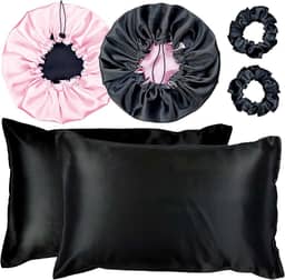 Kit 2 Fronha De Cetim Seda + 2 Toucas + 2 Xuxinhas (Preto/Rosa)