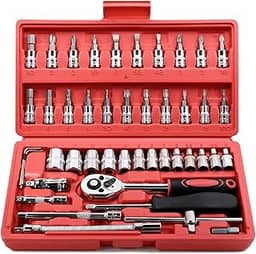 Conjunto com 46 chaves catraca Egofine, soquete de 6,35 mm, com conjunto de soquete métrico e haste de extensão para reparo de automóveis e uso doméstico, com estojo de armazenamento