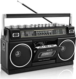 WISCENT Boombox vintage clássico dos anos 80, leitor de cassete com Bluetooth, rádio AM/FM/SW, alto-falantes estéreo de 24 W, compartimentos para cartão USB/SD, conector de fone de ouvido, preto
