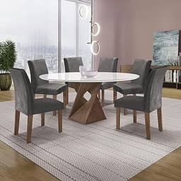 Conjunto Mesa Barcelona 120cmx120cm 6 Cadeiras Espanha Tampo Plus Redondo Vidro Yescasa Chocolate/Off White/Cinza