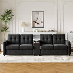 GarveeHome Sofá secional compacto, sofá de 4 lugares de 115 polegadas com console de armazenamento, estação de carregamento e suportes de copos, sofá de assento profundo estofado de veludo para