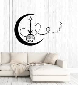 Decalque de parede de vinil dispositivo lua crescente narguilé fumar tabaco adesivos mural grande decoração (g6373) preto