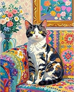 Fountor Kit de pintura de gato por números para adultos iniciantes, kits de pintura de gatos adultos por números em tela sem moldura, pintura a óleo de flores de gato por números para presente de