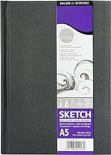 Daler-Rowney Simply Medium Grain 100gsm Hardback A5 Sketchbook, branco macio, 54 folhas, bloco de desenho básico, ideal para artistas iniciantes e amadores