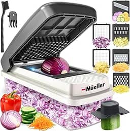 Mueller Cortador de vegetais com 9 lâminas, fatiador de mandolina, picador de vegetais, ralador de queijo, cortador de cebola, cortador de legumes, cortador de alimentos com recipiente, utensílios e