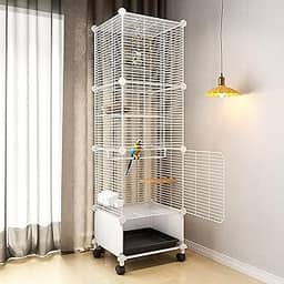 Gaiola para Calopsita, 130 * 37 * 37cm, Viveiro para Papagaio Grande, Gaiola Calopsita, Viveiro para Calopsita com Vara de Pouso, Rodízios Giratórios e Bandeja, Branco