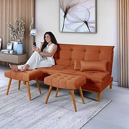Sofá Cama Melim Casal Premium Suede com 2 Banquetas Multifuncional 3 em 1 Reclinável Terracota