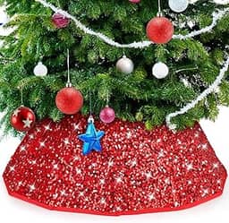 Colar de árvore de Natal com lantejoulas - Base de árvore de Natal com glitter, saia dobrável para decoração de árvore de Natal, decoração de casa de férias de inverno (vermelha)