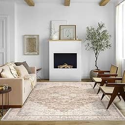 BILEEHOME Boho Farmhouse Tapete de quarto lavável, fácil de limpar, resistente a manchas, vintage, rústico, neutro, persa, para sala de jantar, embaixo da mesa, marrom claro bege com estampa de