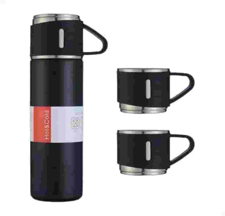Kit Garrafa Térmica Inox 500ml com 3 Xícaras Portátil Ideal para Camping Viagem e Uso Diário (Preto)
