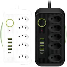 Extensão Filtro de Linha 5 Tomadas Bivolt com 4 USB + 1 USB Tipo-C, 2500W, 10A, Régua de Energia Premium (Preto)