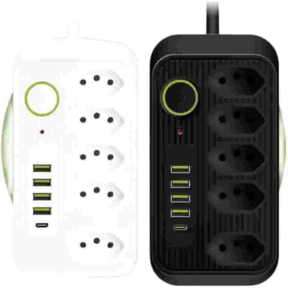 Extensão Filtro de Linha 5 Tomadas Bivolt com 4 USB + 1 USB Tipo-C, 2500W, 10A, Régua de Energia Premium (Preto)