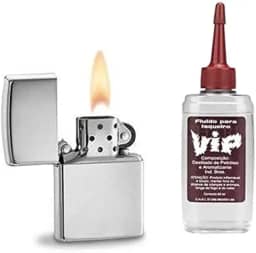 Isqueiro em Metal - Cromo Liso, Recarregável + Fluído vip