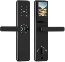 Fechadura inteligente com câmera e tela LCD – Controle de aplicativo WiFi/Bluetooth, impressão digital, teclado sensível ao toque, cartão IC, chave mecânica, olho mágico digital, preto