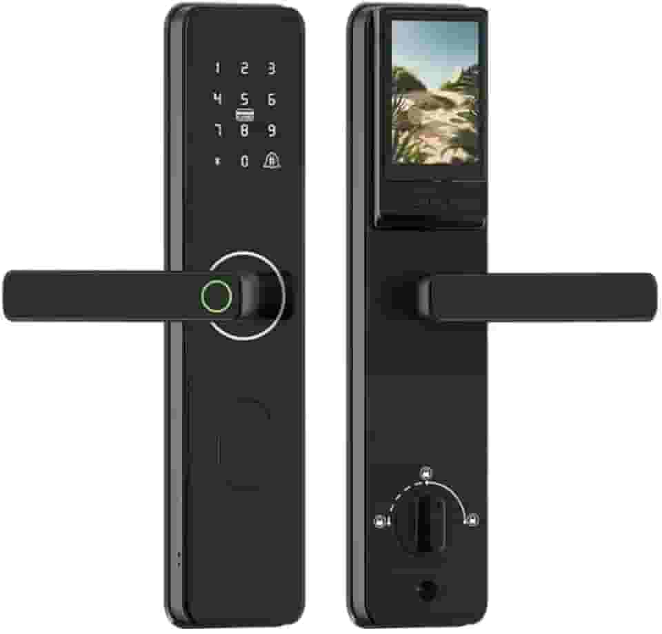 Fechadura inteligente com câmera e tela LCD – Controle de aplicativo WiFi/Bluetooth, impressão digital, teclado sensível ao toque, cartão IC, chave mecânica, olho mágico digital, preto