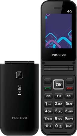 Celular POSITIVO P51, Flip, Função Modem, 4G, Câmera Traseira, Tela 2,4” LCD, Rádio FM, Botão SOS, Dual SIM Preto