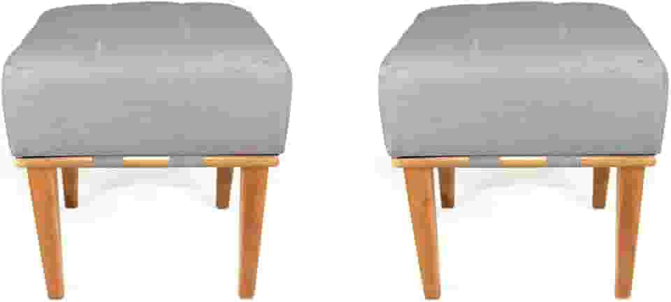 Kit 2 Puff Quadrados para Sala de Estar Tecido Linho Pés em Madeira Maciça (Cinza Claro)