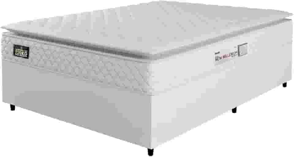 Cama Box Casal Queen Colchão Espuma D33 Pillow Top New Millenium 158x198x57cm Branco Hellen – Suporta Até 120 Kg Por Pessoa